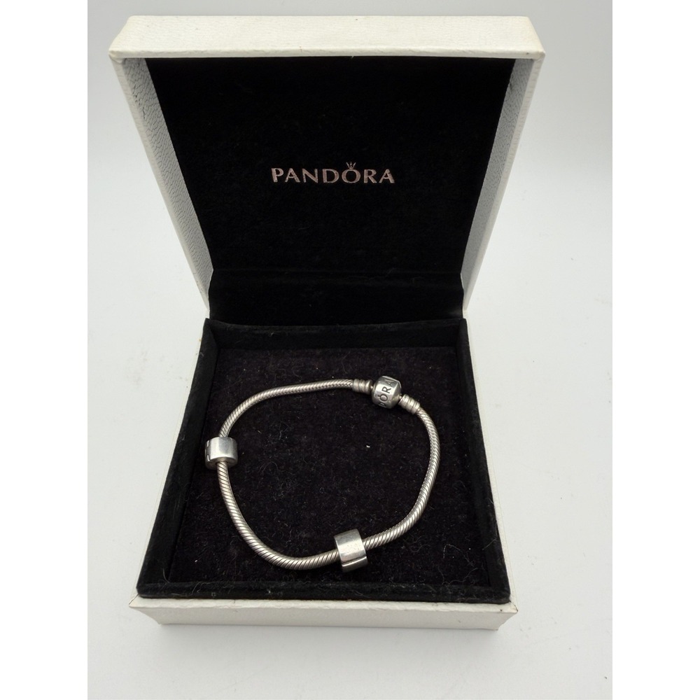 Pandora Sterling Silver Charm Bracelet Barrel Clasp Snake Chain 7" W/ 2 Stoppers